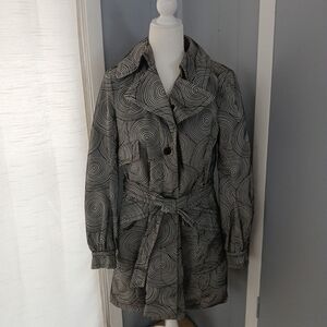 Tevro + Chase Aline Trench Coat Jacket Black Gray Swirls Print MEDIUM.    FL